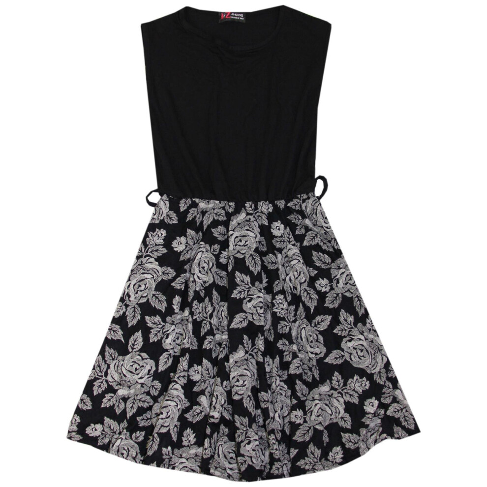 (11-12 Years, Black) Kids Girls Skater Dress Floral Contrast Panel 5-13