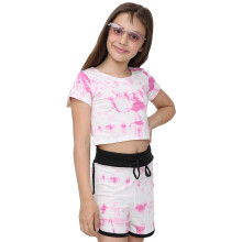 (5-6 Years, Pink) Girls Pink Tie Dye Print Crop Top & Short Set 5-13