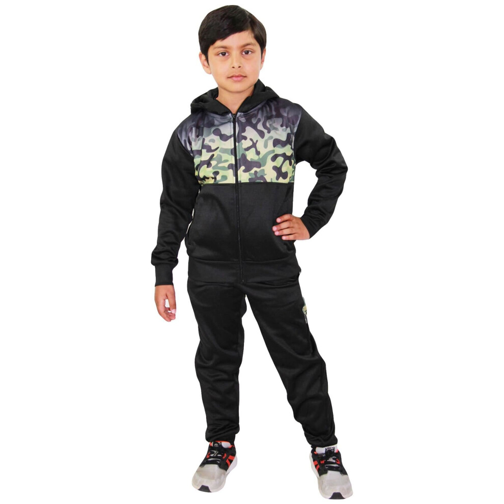 (11-12 Years, Camo Green) Kids Boys Girls Tracksuit Camo Green Panelled Suit