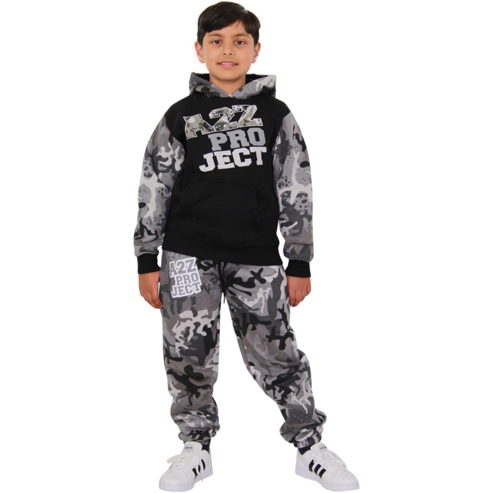 (11-12 Years, Charcoal) Kids Boys Girls A2Z Camo Charcoal Hooded Tracksuit