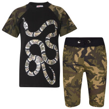 (5-6 Years, Green) Boys 100% Cotton Snake Print T Shirts & Short Set