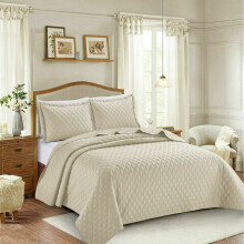 (Beige , Double ) 3Pcs Luxury Embossed INSPIRATION Quilted Bedspread