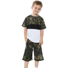 (5-6 Years, Camo Green) Unisex Camo Green T Shirt Shorts Contrast Panelled