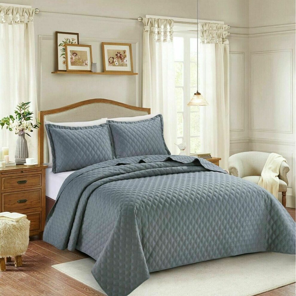 (Grey , Double ) 3Pcs Luxury Embossed INSPIRATION Quilted Bedspread