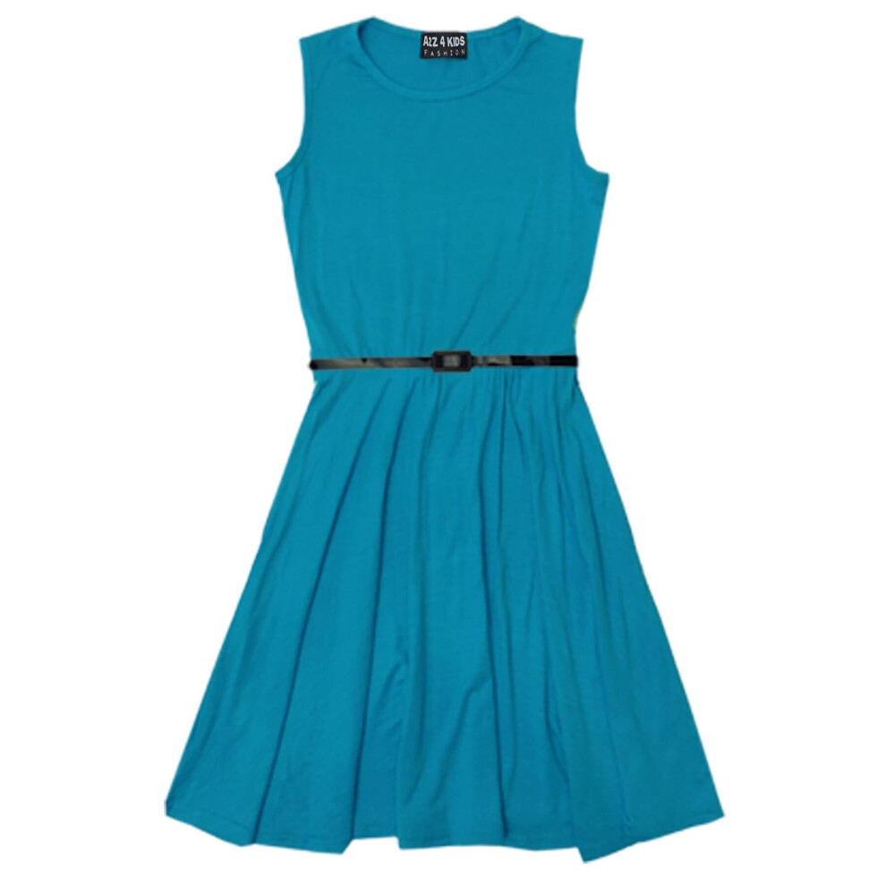 (9-10 Years, Turquoise) Girls Skater Dress Party Dresses With Free Belt