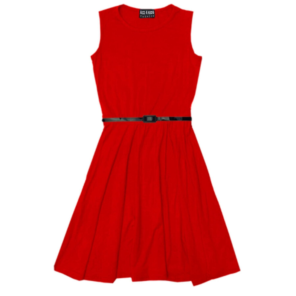 (9-10 Years, Red) Girls Skater Dress Party Dresses With Free Belt