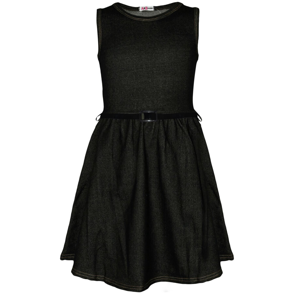 (5-6 Years, Denim Black) Girls Skater Dress Party Dresses With Free Belt-image-OPC-P8ZQZYH-NEW