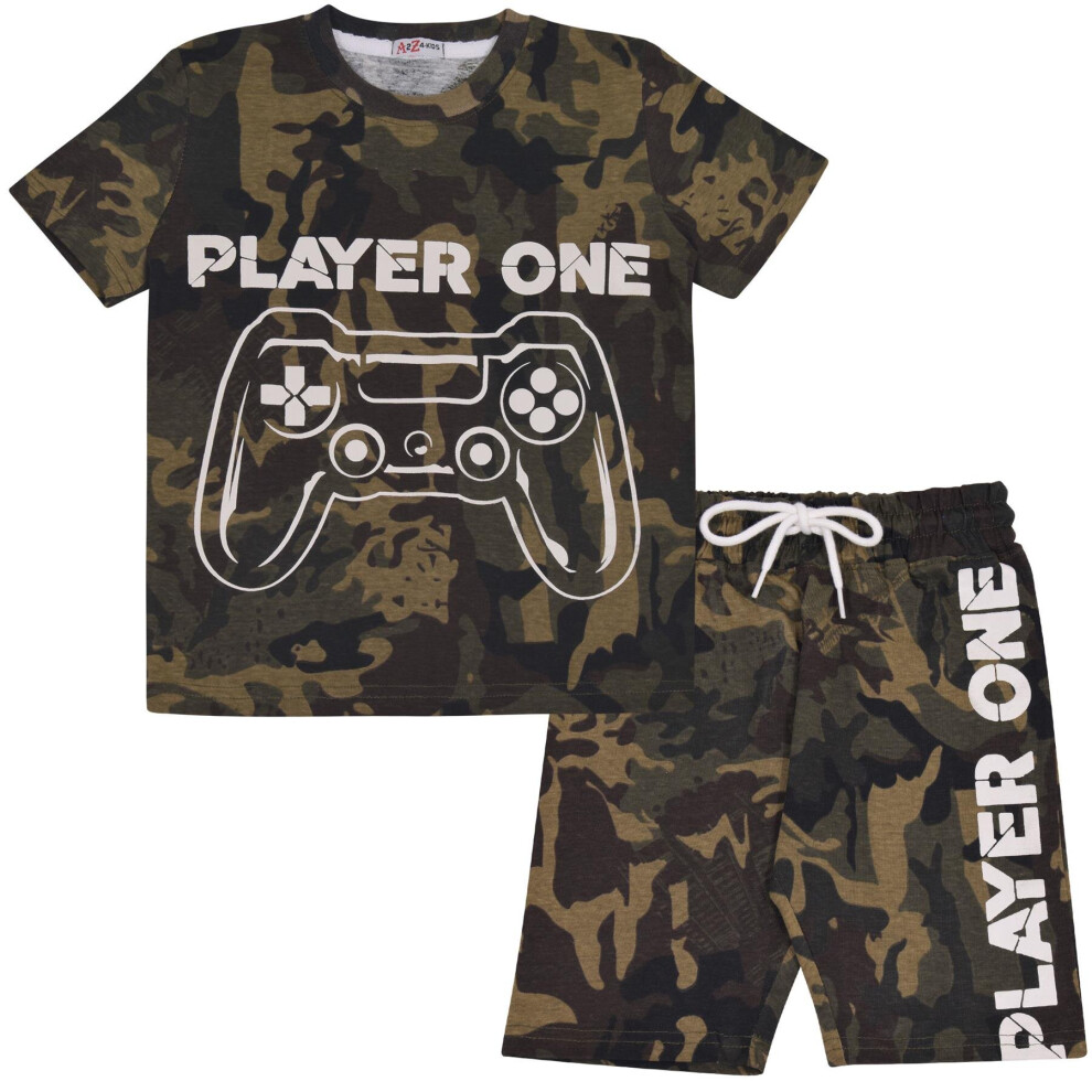 (11-12 Years, Camo Green) Kids Unisex Camo Green T-Shirt & Shorts Set 5-13