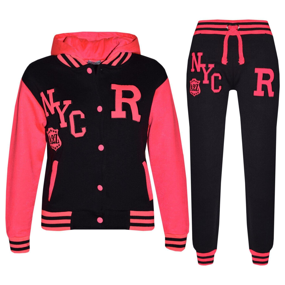 (13 Years, Black & Neon Pink) GIRLS BOYS TRACKSUIT BASEBALL R HOODIE & BOTTOM