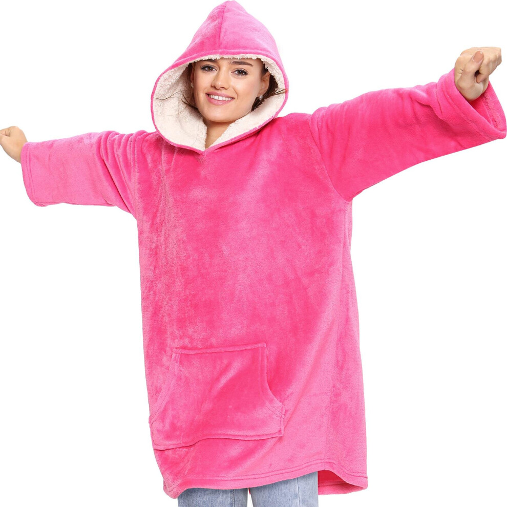 (One Size, Pink) Men Ladies Oversized Hoodie Plain Snuggle Blanket