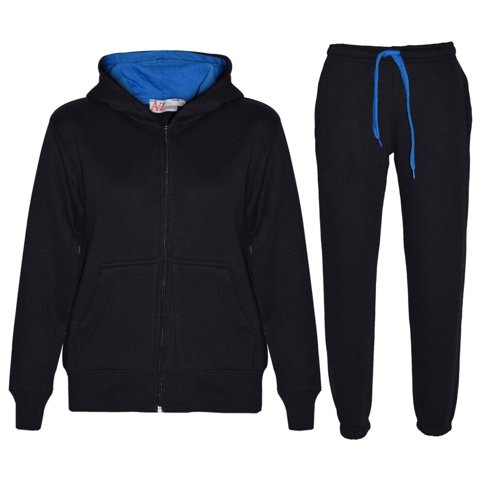 (11-12 Years, Black & Blue) Kids Girls Boys Fleece Hooded Tracksuit 3-13 Year