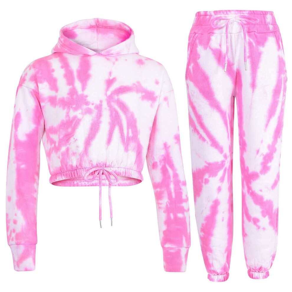 (7-8 Years, Tie Dye Pink) Kids Girl Tie Dye Gym Cropped Hoodie Tracksuit Set