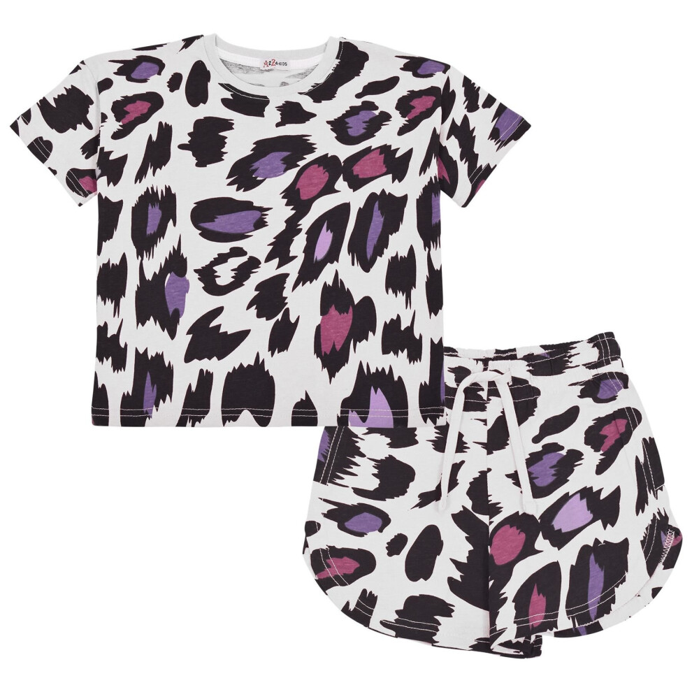 (7-8 Years, White) Kids Girls T-Shirt & Shorts Leopard White Set 5-13