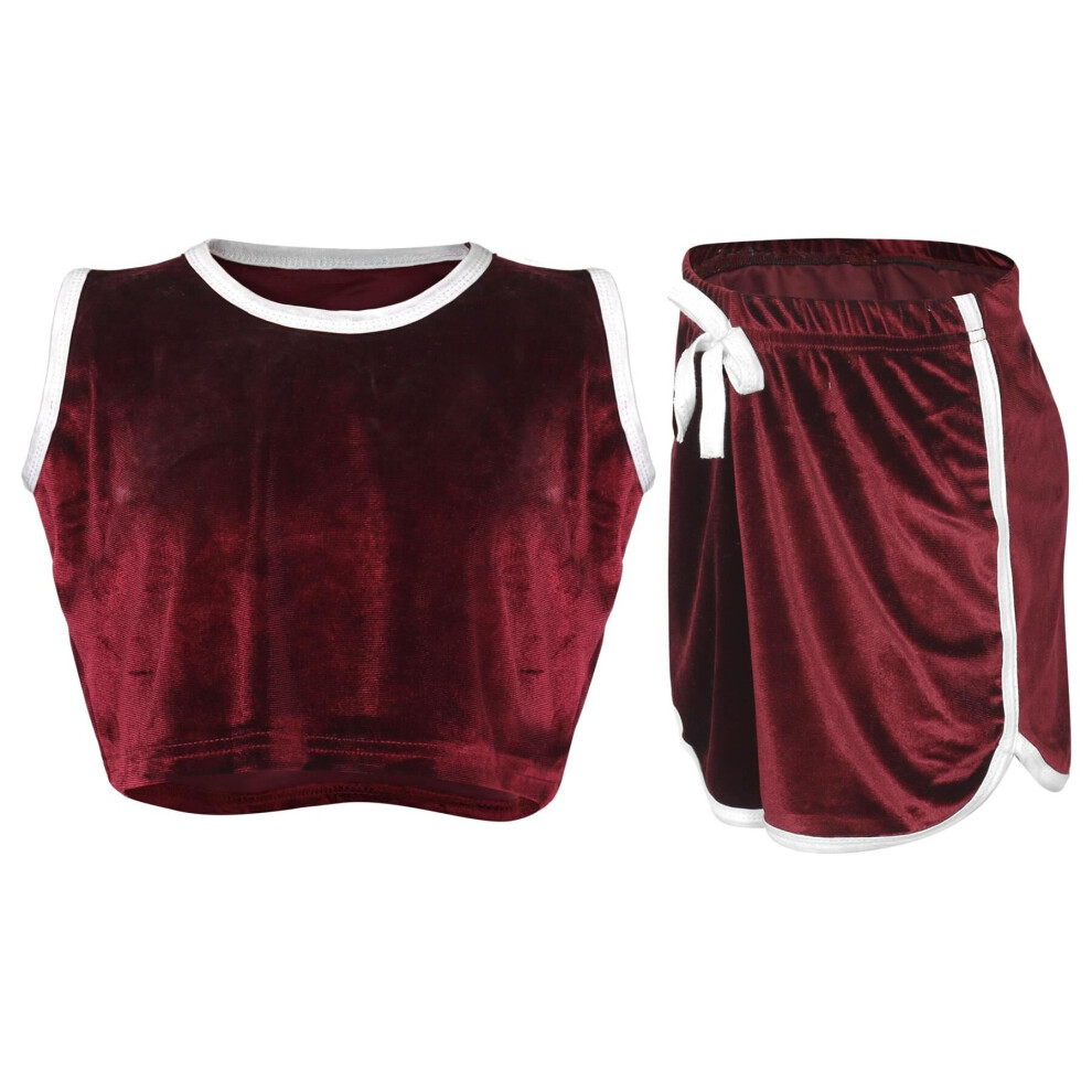 (13 Years, Wine) Girls Contrast Taped Velour Crop Top & Shorts Set-image-OPC-P8ZR2TY-NEW