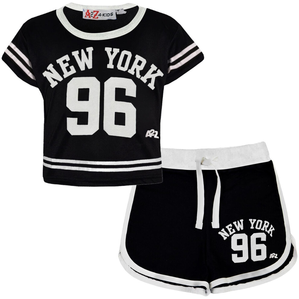 (7-8 Years, Black) Girls Black New York 96 Print Crop Top & Short Set-image-OPC-P8ZR5N2-NEW