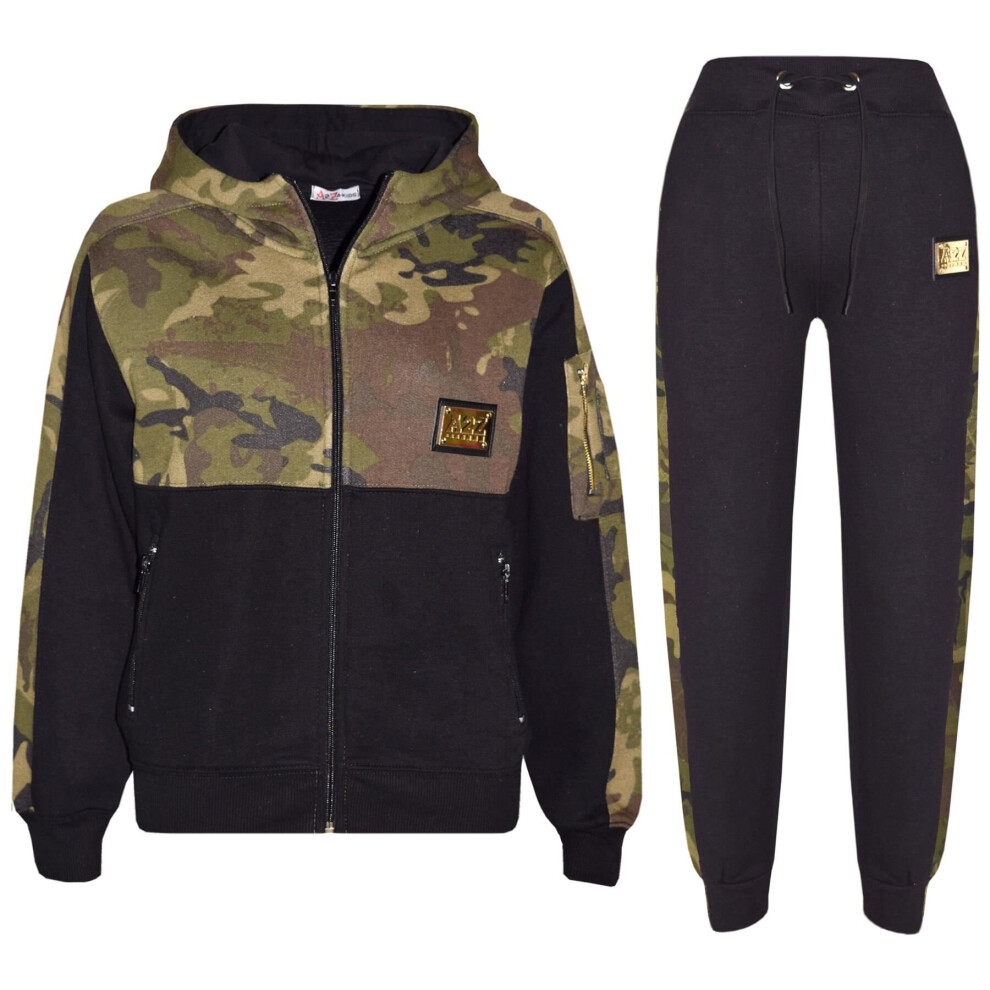 Kids Boys Girls Tracksuit A2Z Originals Panelled Black Hooded Top Bottom Joggers | UK