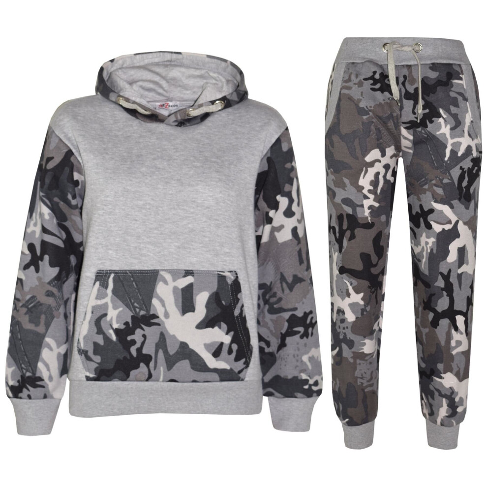 (11-12 Years, Camo Charcoal & Grey) Unisex Camouflage Grey Contrast Jogging Tracksuit