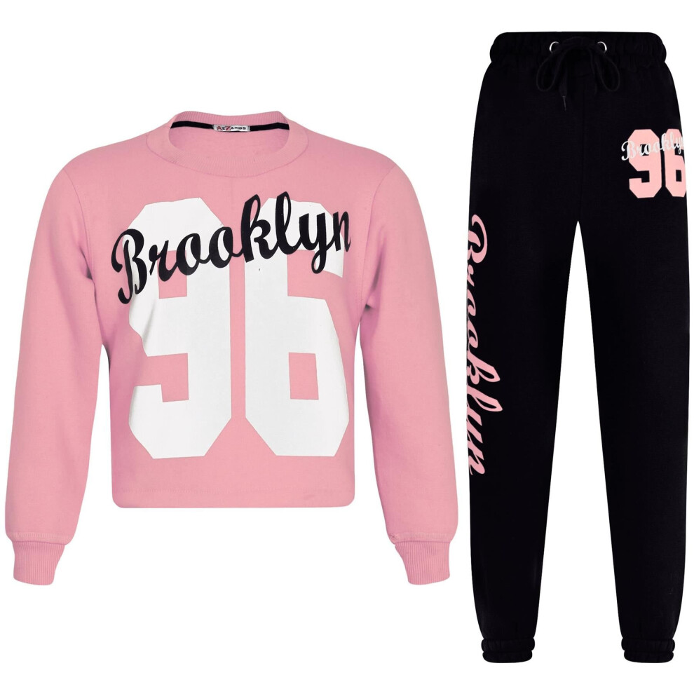 (13 Years, Baby Pink) Girls Brooklyn 96 Print Tracksuit Top & Bottom Set