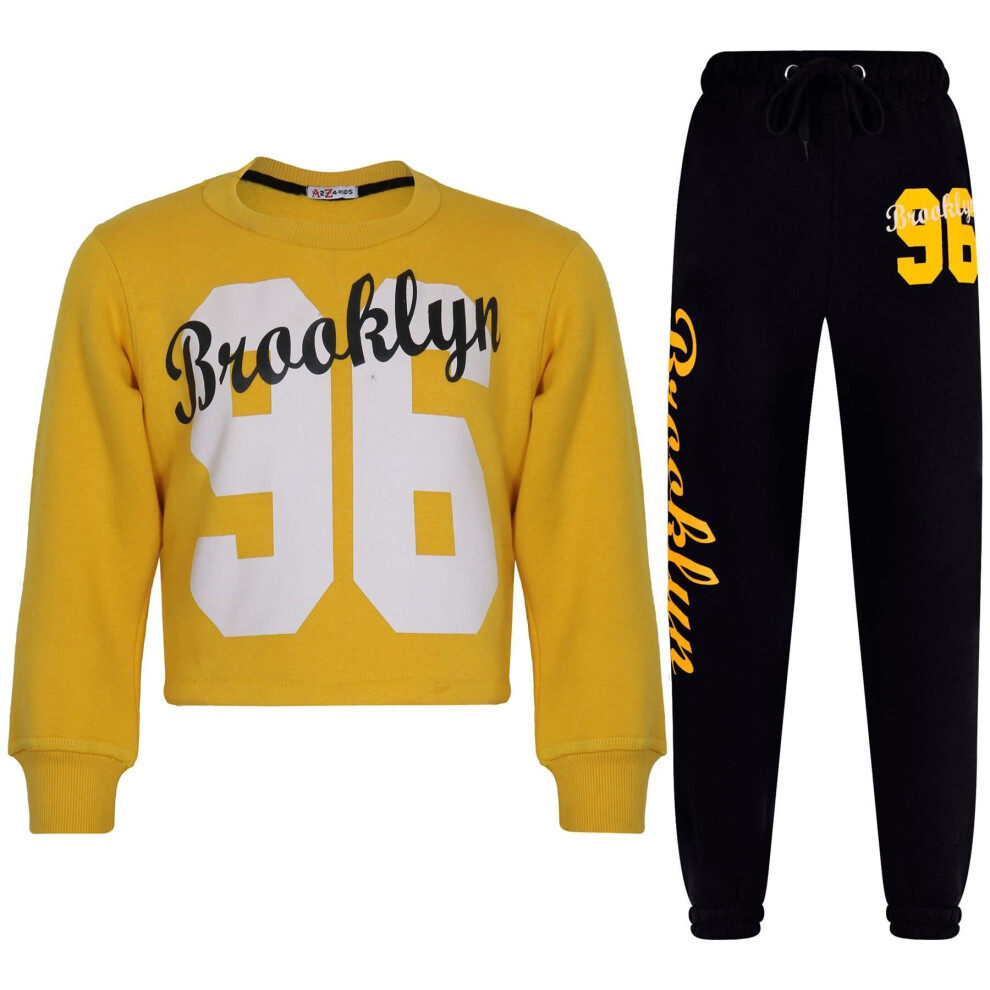 (13 Years, Mustard) Girls Brooklyn 96 Print Tracksuit Top & Bottom Set