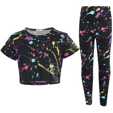 (11-12 Years, Crop & Legging Set) Girls Crop Top Legging Set Splash Print Two Piece