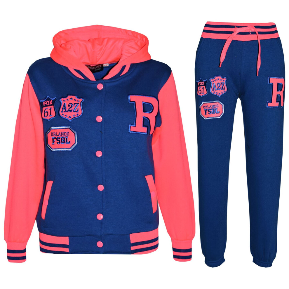 (13 Years, FOX Royal & Neon Pink) Kids Girls Boys Baseball NYC & FOX Tracksuit Set