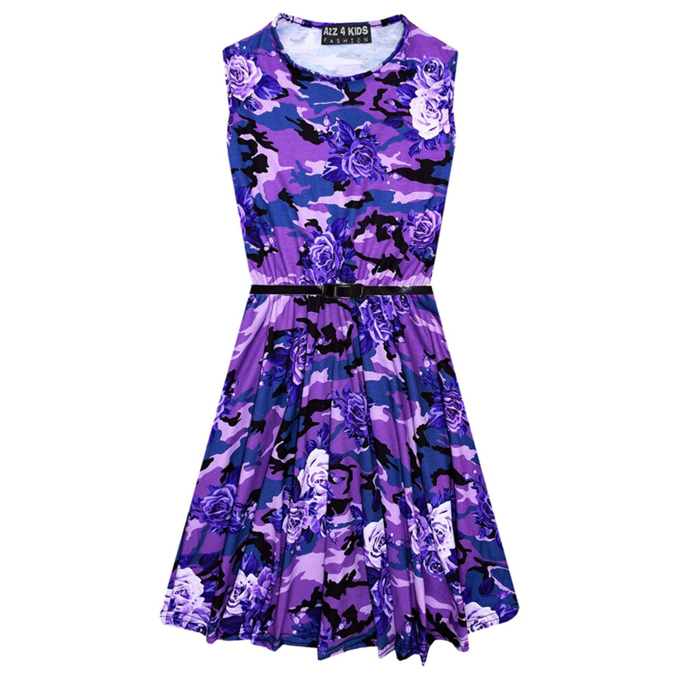 (5-6 Years, Purple) Girls Skater Dress Camo Floral Print Summer Party