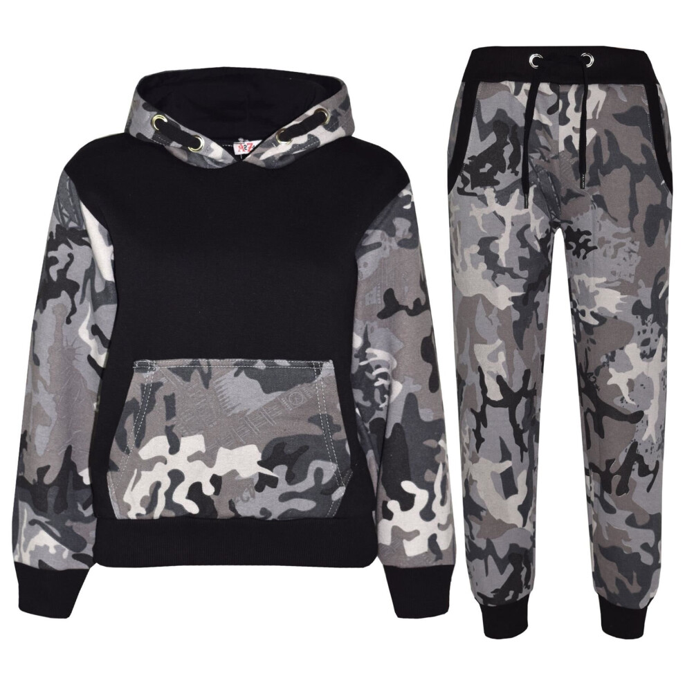 (13 Years, Camo Charcoal & Black) Kids Unisex Camouflage Contrast Jogging Tracksuit