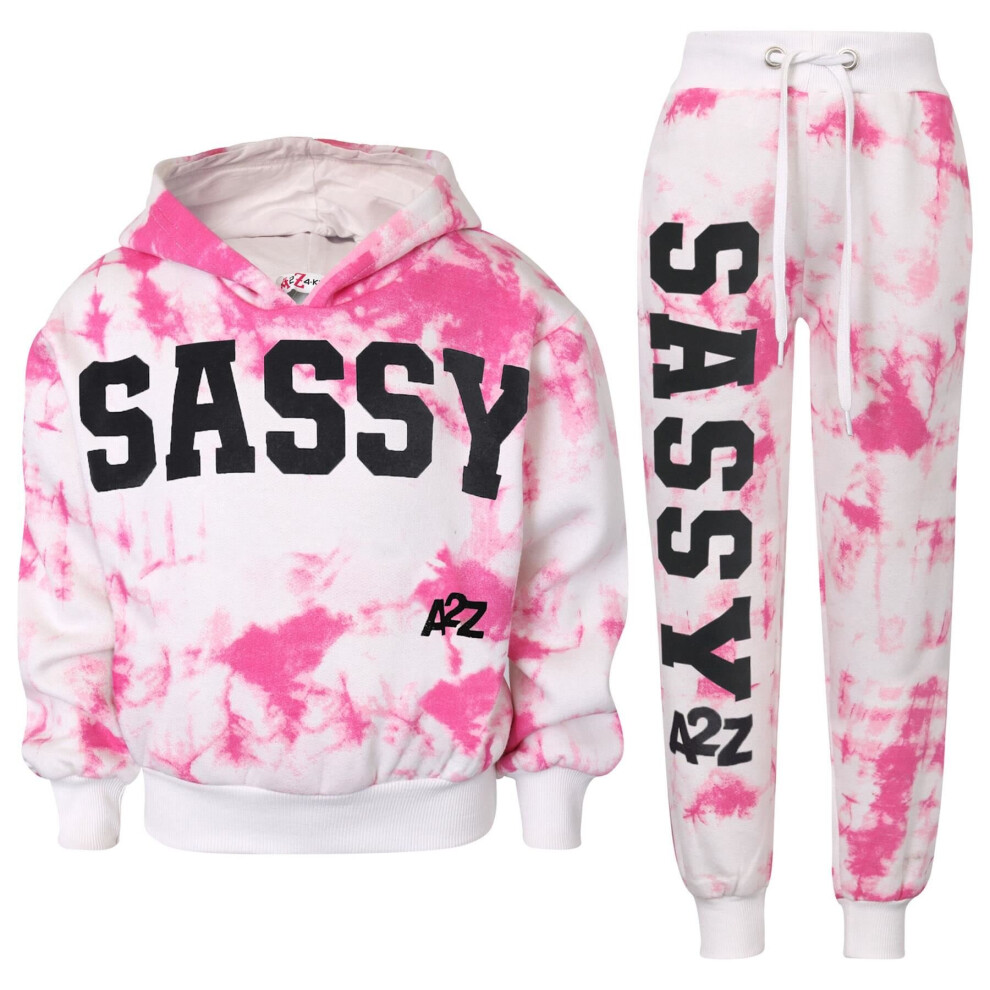 (11-12 Years, Pink) Girls Tie Dye Pink Sassy Print Hooded Tracksuit
