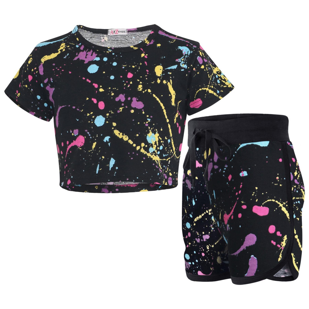(9-10 Years, Pastel Splash) Girls Tie Dye Pastel Splash Print Crop Top & Short