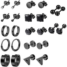 12 Pairs Black Earrings Studs, Stainless Steel CZ Screw Studs Cartilage Earrings Hoops Barbell Ear Plugs Ear Piercing Triangle Screw Studs Earrings
