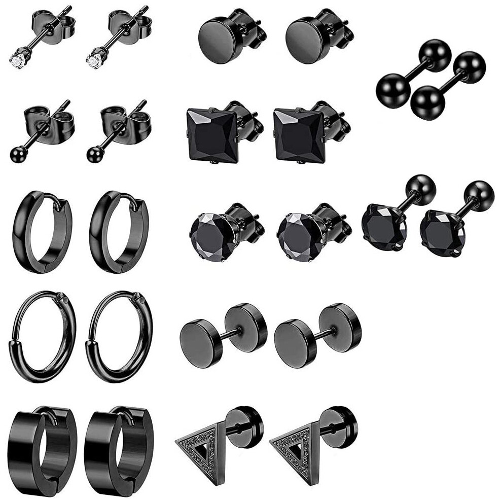 12 Pairs Black Earrings Studs, Stainless Steel CZ Screw Studs Cartilage Earrings Hoops Barbell Ear Plugs Ear Piercing Triangle Screw Studs Earrings