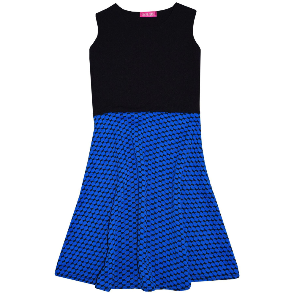 (11-12 Years, Black & Blue) Girls Skater Dress Black & Blue Summer Party Dance