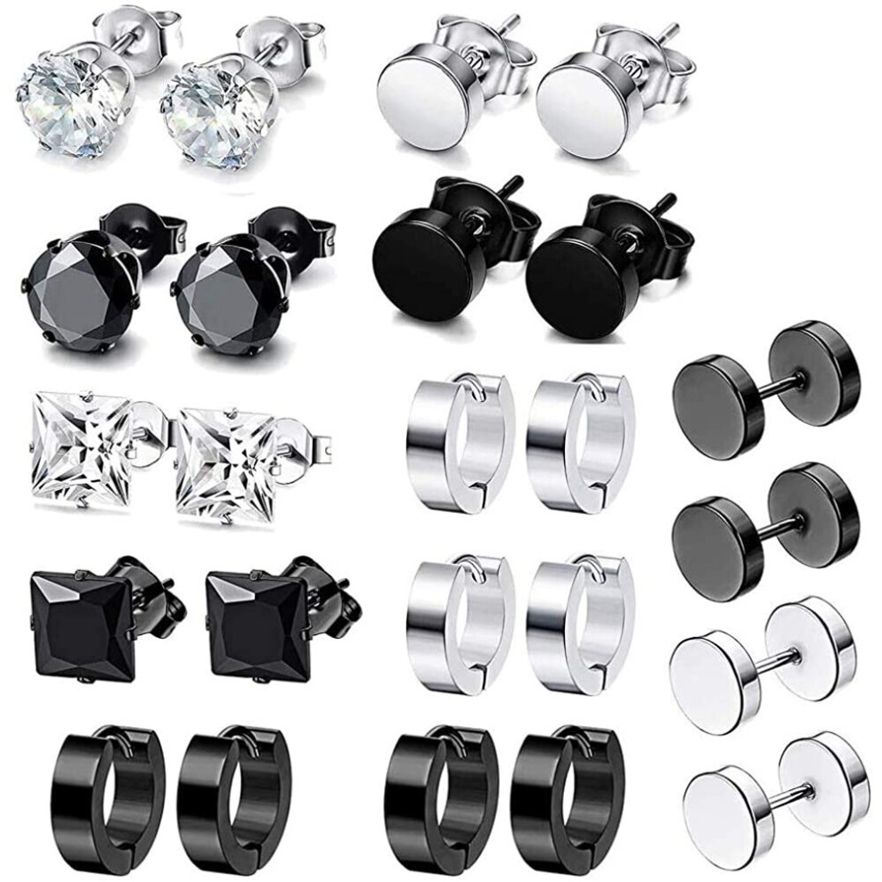 12 Pairs Black Earrings Studs, Stainless Steel CZ Screw Studs Cartilage Earrings Hoops Barbell Ear Plugs Ear Piercing Triangle Screw Studs Earrings