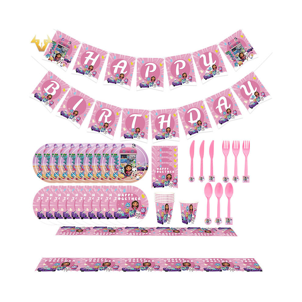 (Set A) Gabby's Dollhouse Party Supply Set Plate Tissue Banner Balloon Decoration Multicoloured
