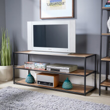 Compact TV Unit Media Stand Open Storage Shelves Oak Finish Black Frame