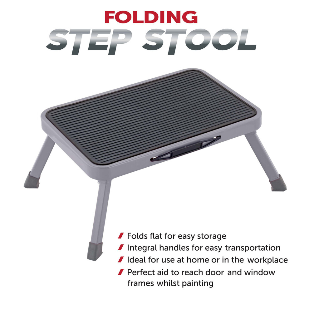 Foldable Anti-Slip Metal Step Stool, Compact 38x26cm Kitchen Ladder, Steel, Auto-Lock, 150kg Capacity