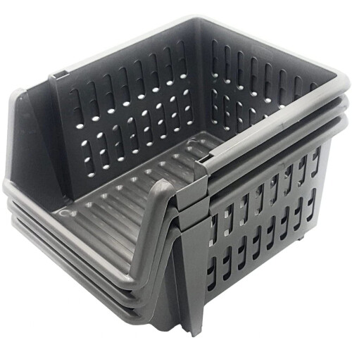 Silver Set of 3 Plastic Stacking Storage Basket Stackable Rack 18cm 1