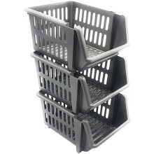 Silver Set of 3 Plastic Stacking Storage Basket Stackable Rack 18cm