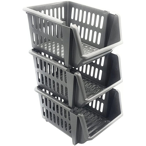 Silver Set of 3 Plastic Stacking Storage Basket Stackable Rack 18cm