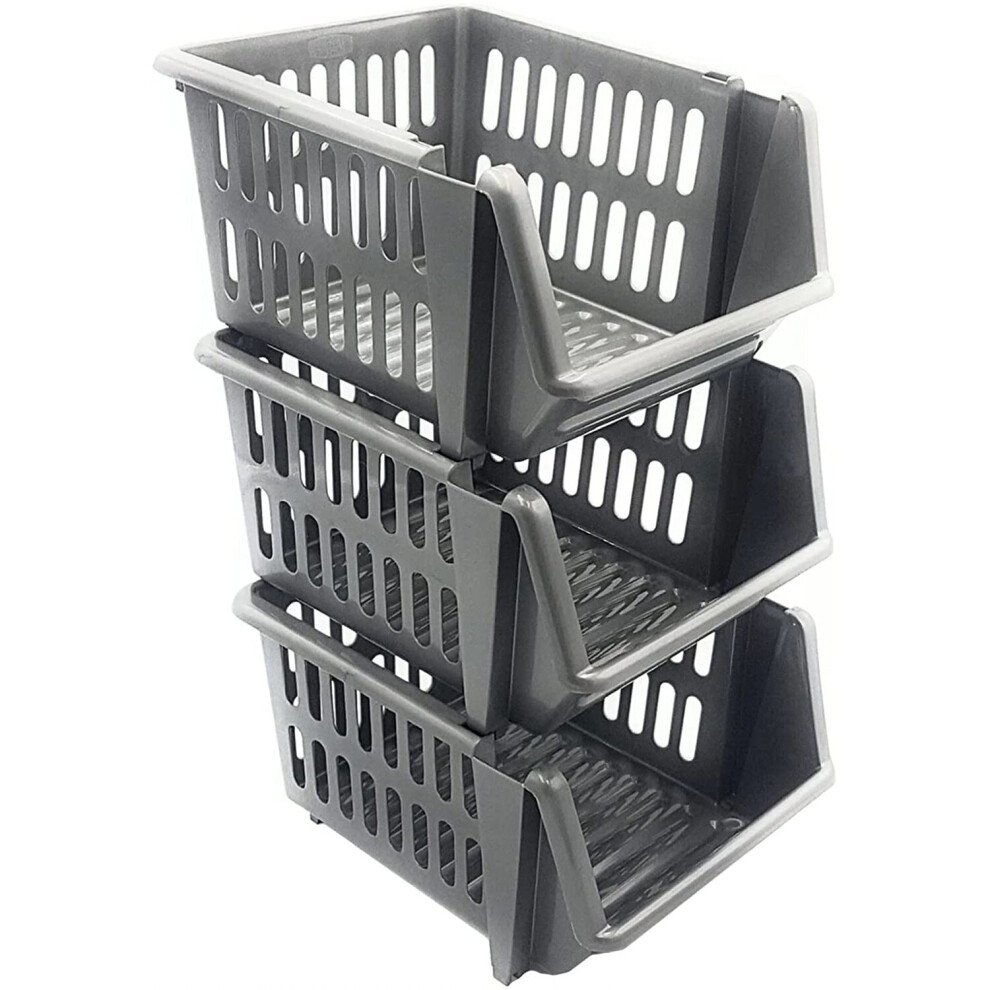 Silver Set of 3 Plastic Stacking Storage Basket Stackable Rack 18cm
