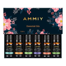 AMMIY Essential Oils Set of 6 x 10ml for Aromatherapy Bath Spa Diffuser Fragrance Relaxing Scent, Pure, Natural, Vegan Oils Including Eucalyptus,