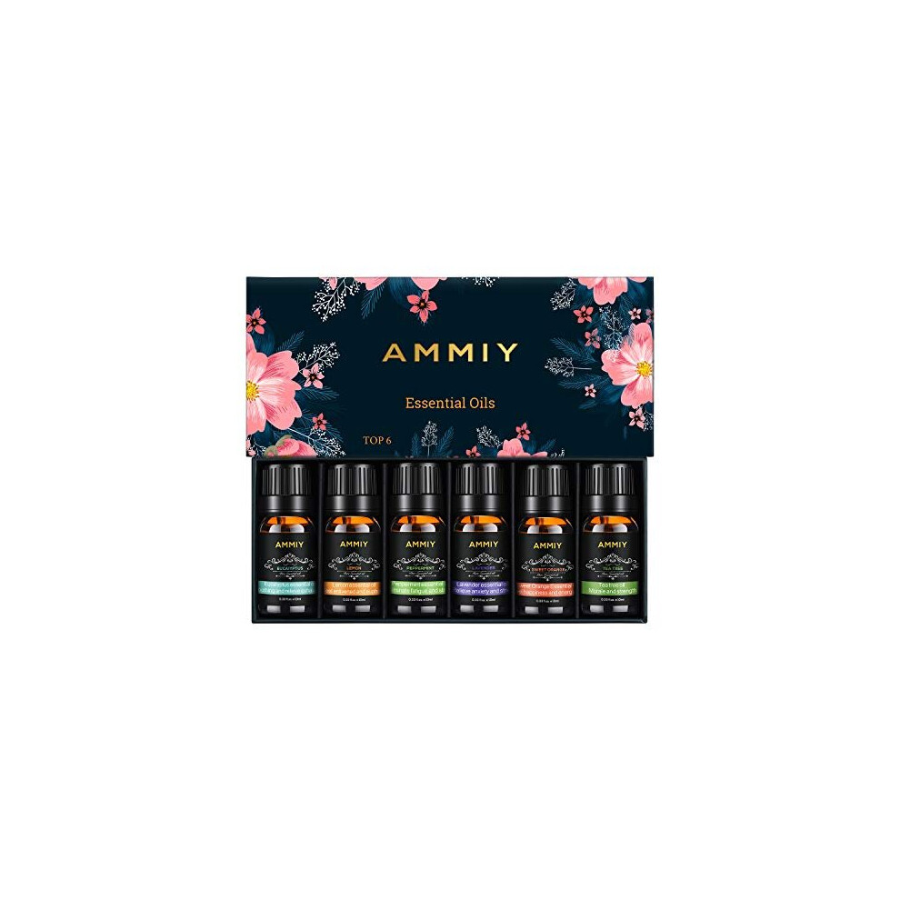 AMMIY Essential Oils Set of 6 x 10ml for Aromatherapy Bath Spa Diffuser Fragrance Relaxing Scent, Pure, Natural, Vegan Oils Including Eucalyptus,