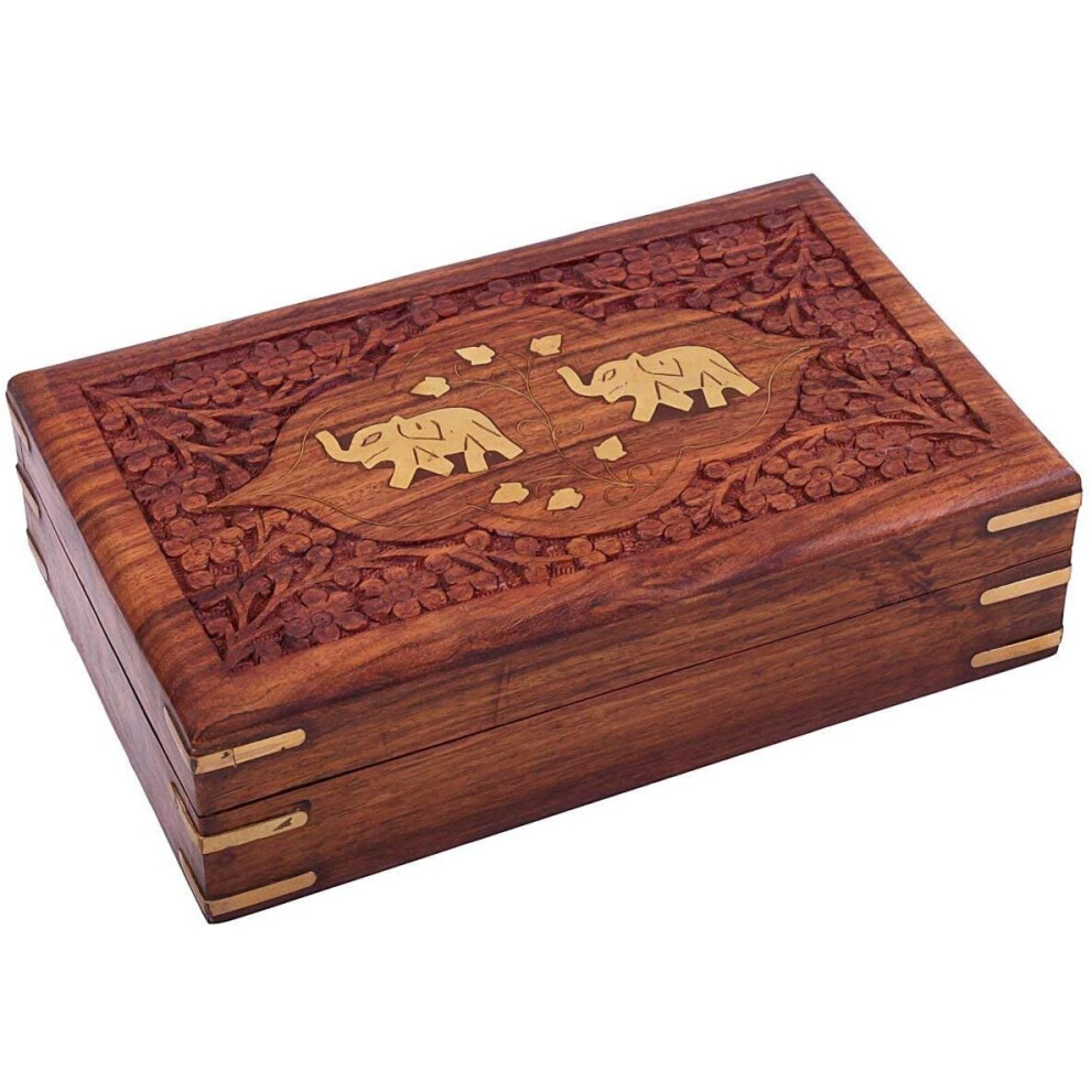 Ajuny Wooden Jewellery Box Storage Handcarved From Rosewood With Brass Inlay Decorative Gifts