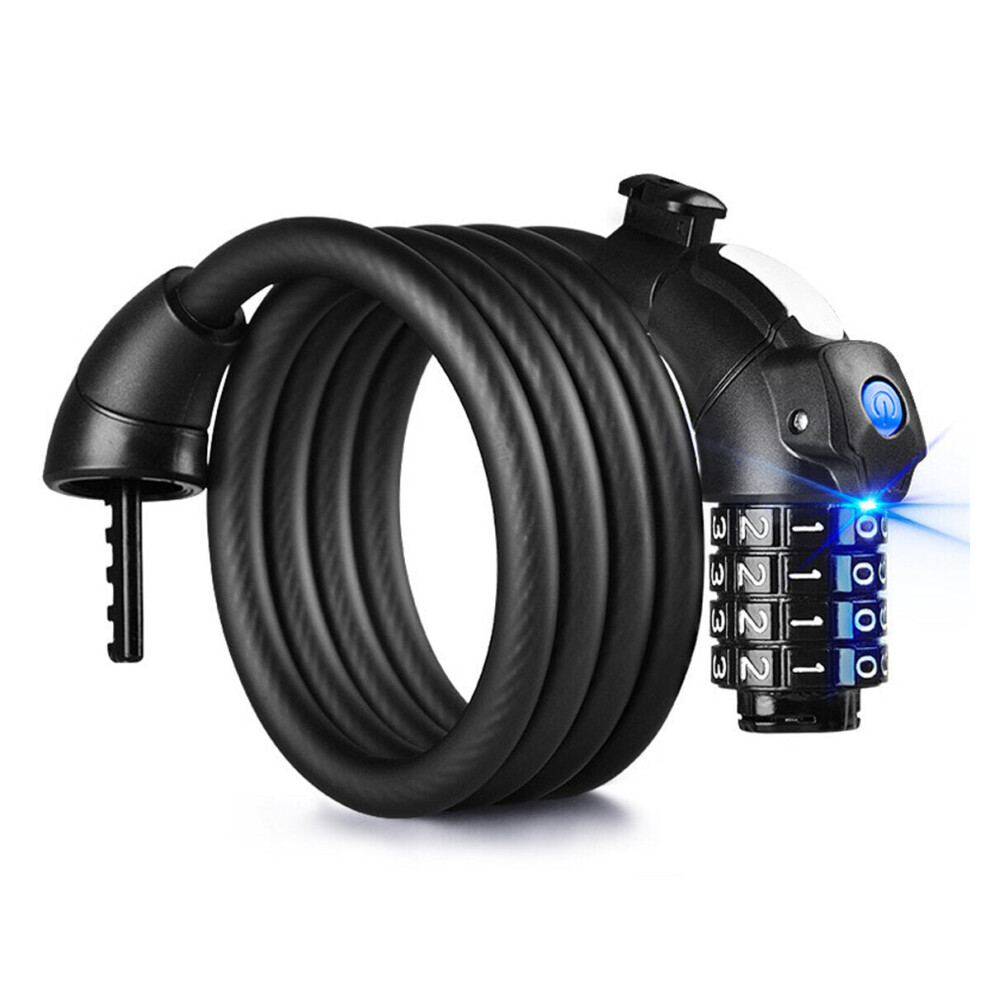 (Black) 1.5M LED Bike Cable Lock Bicycle Heavy Duty Combination Security Chain Padlock