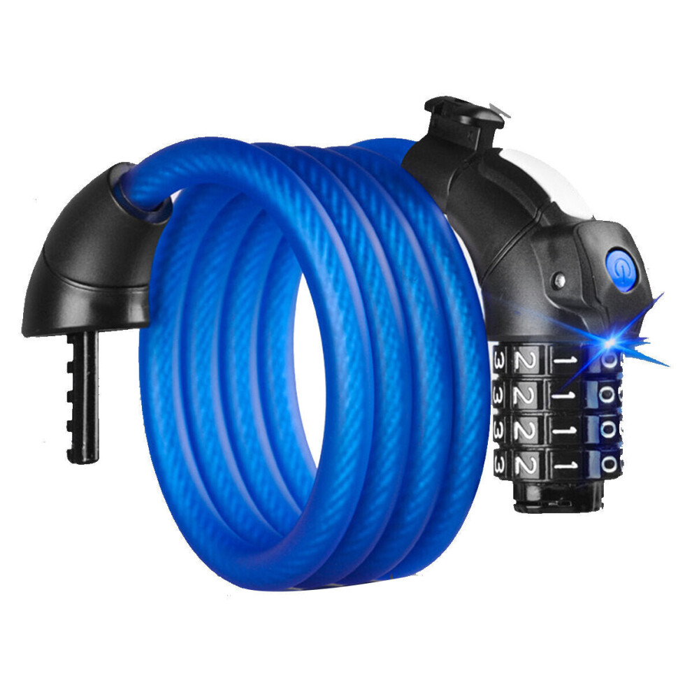 (Blue) 1.5M LED Bike Cable Lock Bicycle Heavy Duty Combination Security Chain Padlock