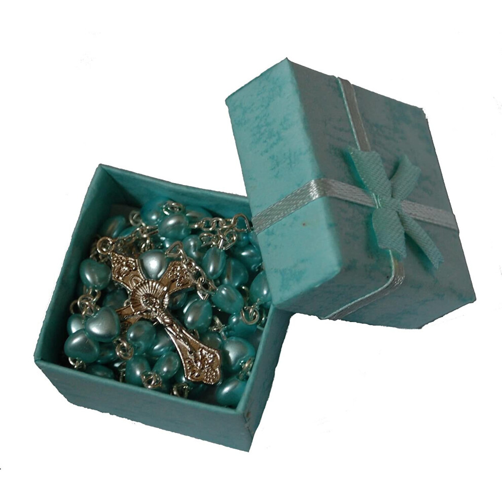 Beautiful Blue Heart Rosary Beads In Gift Box - Girls & Boys Gift - Perfect First Rosary, Communion or Confirmation Present. Excellent Quality Five