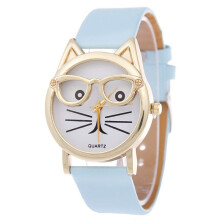 (SkyBlue) Fashion CUTE Women Watch Glasses Cat Watch Leather Cute Dress Watches