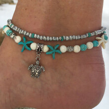 (green) Women Foot Chain Starfish Turtle Sandal Turquoise Bead Ankle Bracelet Beach Boho