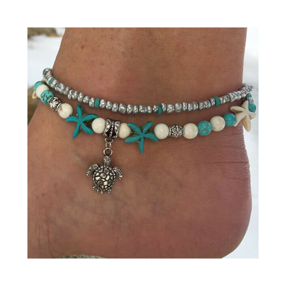 (green) Women Foot Chain Starfish Turtle Sandal Turquoise Bead Ankle Bracelet Beach Boho