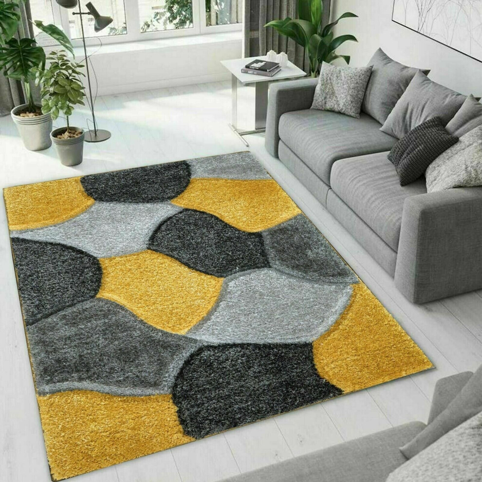 (Ocher-Grey , 60 x 110 cm ) Modern Shaggy Hallway Runner Living Room PONA Rugs